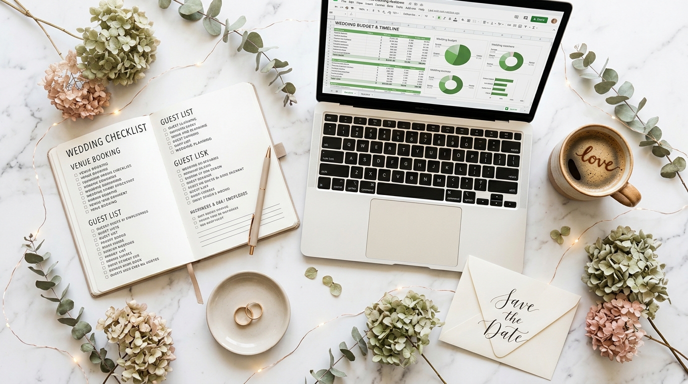 Wedding planning flat-lay with laptop, checklist, rings, and eucalyptus
